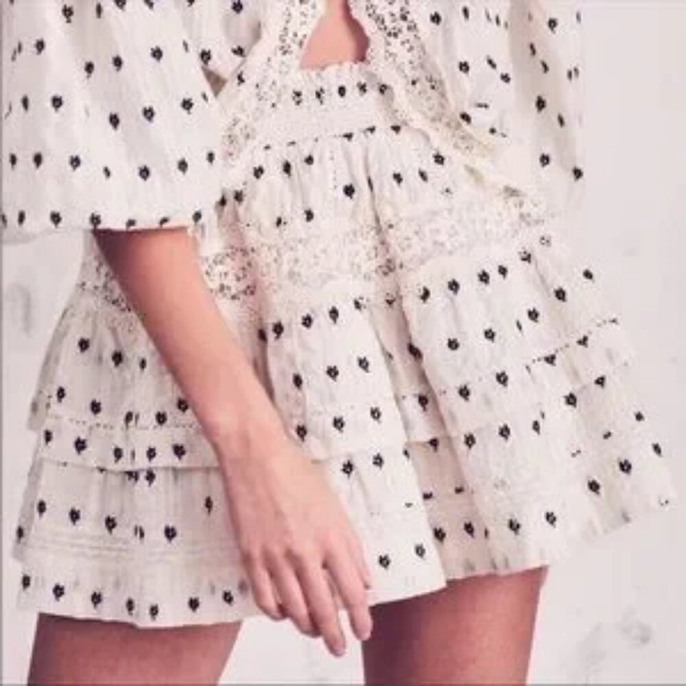 Womens LoveShackFancy Taylor Cream Black Embroidered Mini Skirt XS